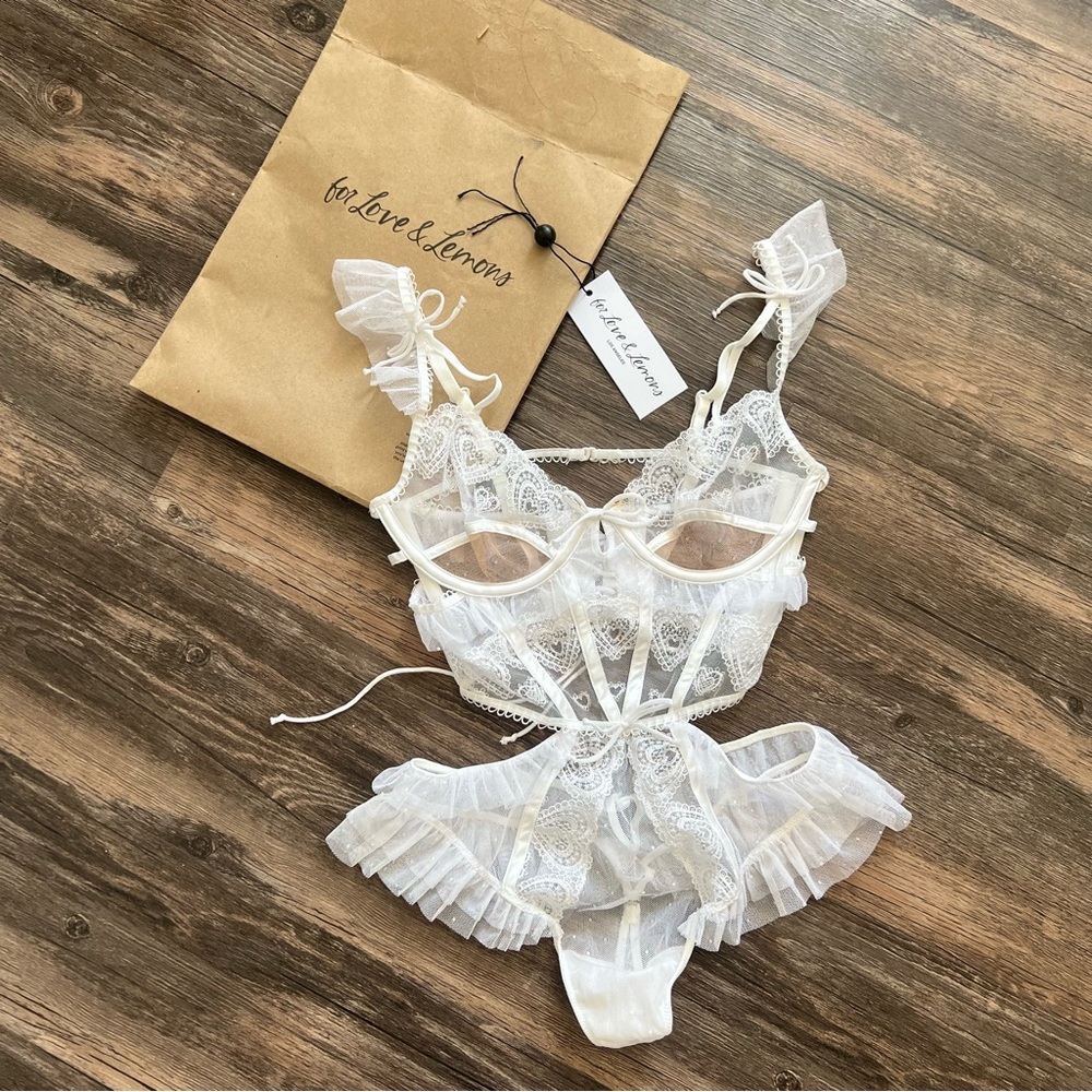 For Love & Lemons White Lace Ruffled Teddy Bodysuit